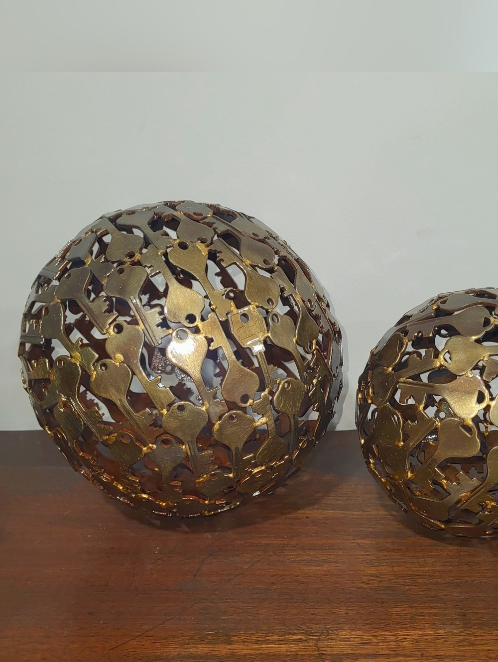Vintage MCM Metal Welded Key Ball Sphere Atomic Sculpture Decor Set Of 2